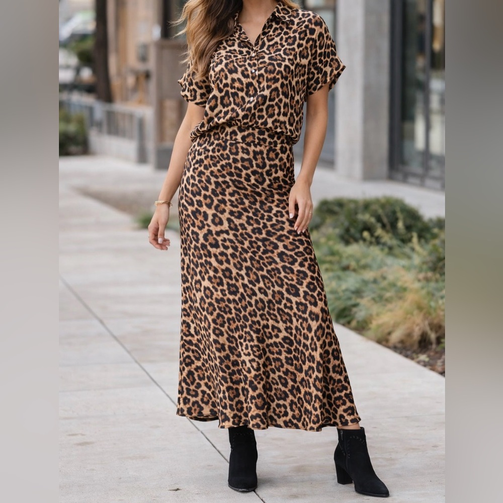 Vine & Love Leopard Print Button Blouse and Skirt Set